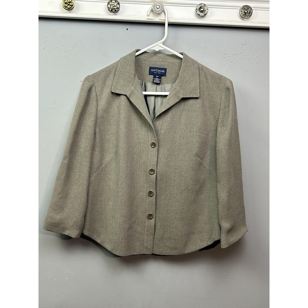 Ann Taylor Blazer Women 8P Taupe Petites Button Front 3/4 Sleeve Textured Jacket